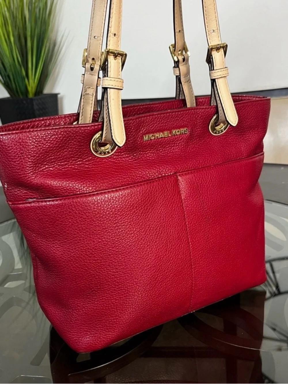 Michael Kors Bedford Red Pebbled Leather Tote Bag